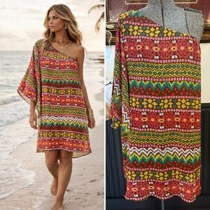 Judith March Bohemian One Shoulder
Colorful Geometrical Print Dress L 💚🍄